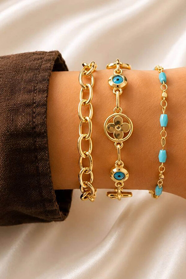Blue Detail Chain Detailed 3-Piece Bracelet Set