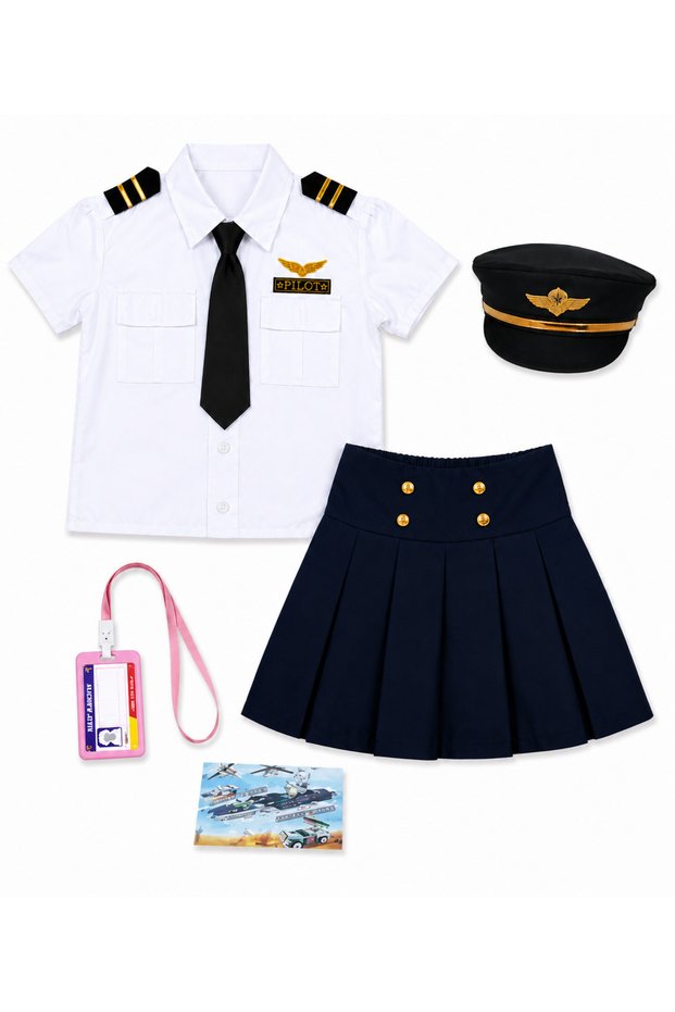 Kids Pilot Costume Set with Hat, Shirt, Skirt, Tie & ID Card – Airline Captain Role Play Dress-Up Outfit for Girls
