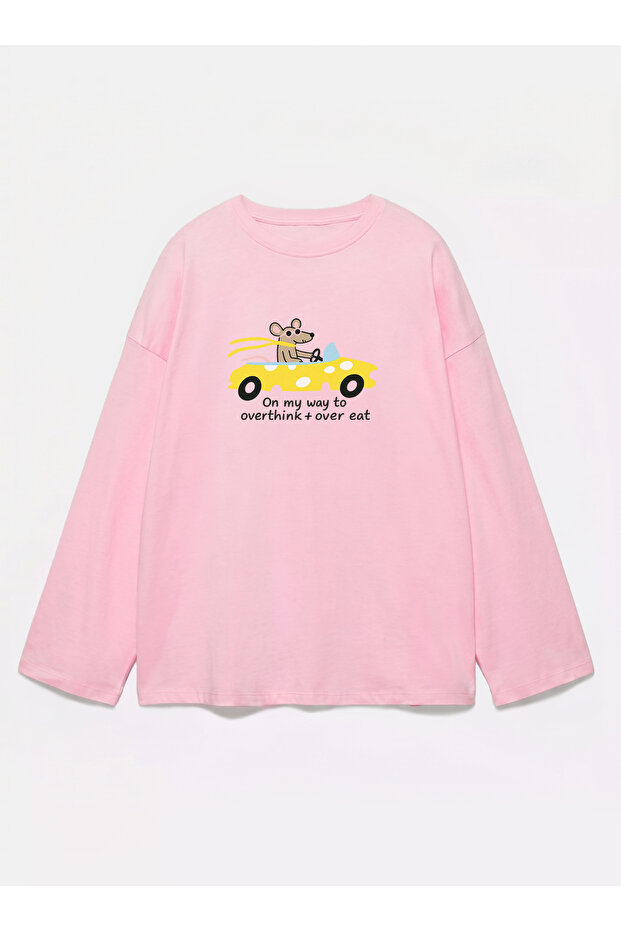 100% Cotton Oversize Fit on My Way Printed - Crew Neck Long Sleeve T-Shirt