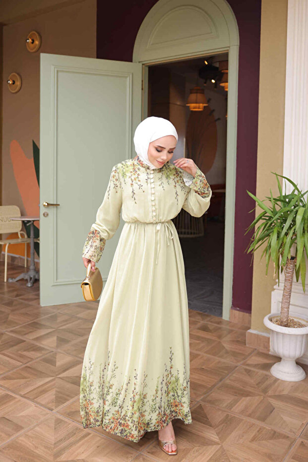 Oil Green Elastic Waist Patterned Dress