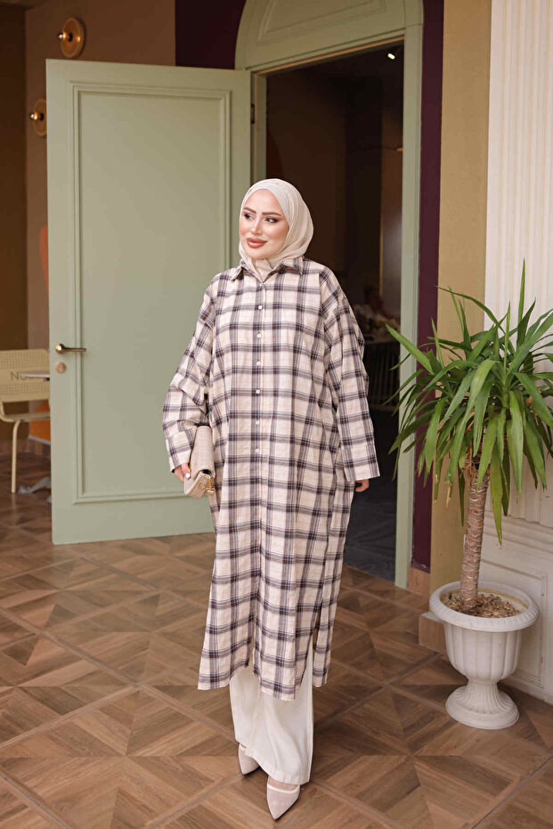 Navy Blue Plaid Long Loose Tunic