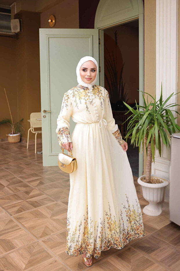 Yellow Patterned Dress with Elastic Waist
