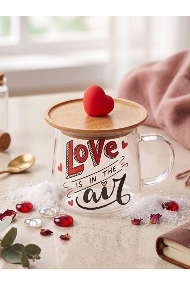 Glass Jar Mug with Bamboo Lid, Red Heart Themed