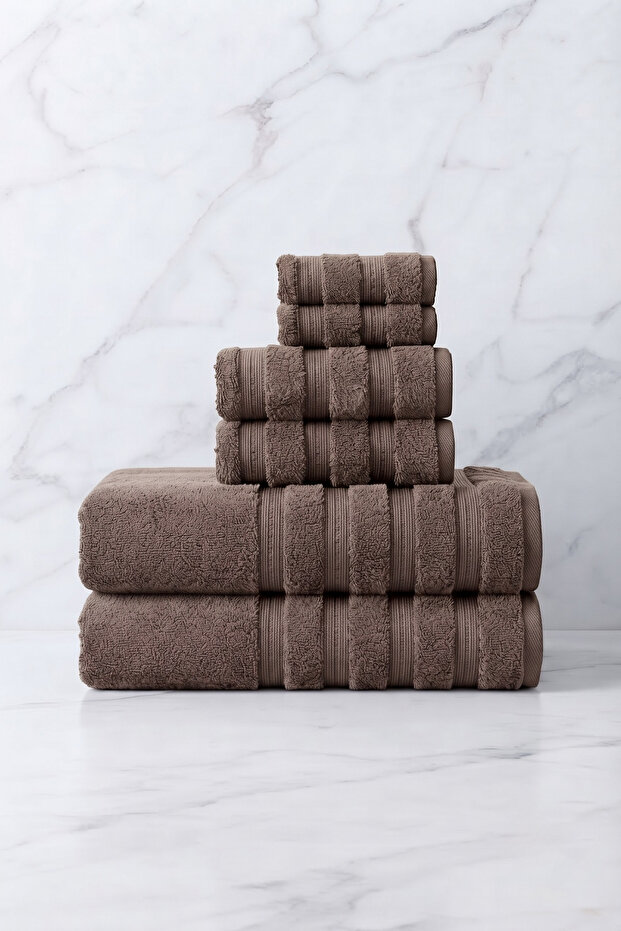 6-Piece Işıl Premium Towel Set - 2 Face Towels - 2 Hand Towels - 2 Bath Towels - Beige - 100% Cotton - 600 Gr/M2