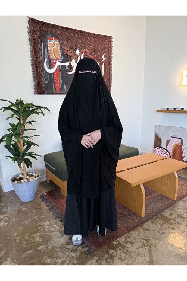 خمار فتحة يد عادي بقماش ليزر كوري سوادة فاحم + نقاب اسلامي1