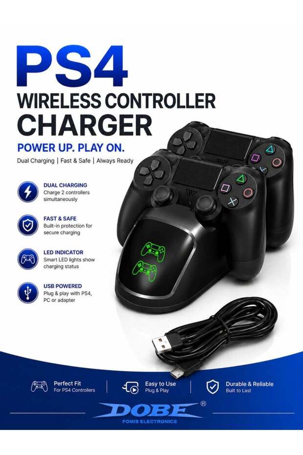 محطة شحن مزدوجة لوحدة تحكم PS4 اللاسلكية مع مؤشر LED للشحن، حامل شحن USB سريع لوحدات تحكم بلايستيشن 4