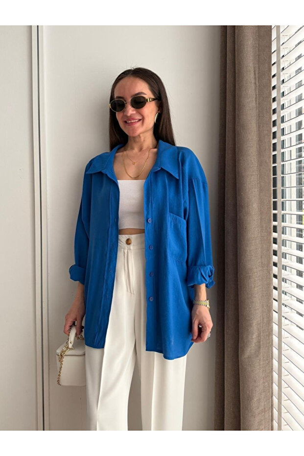 قميص ساكس الأزرق بدون أكتاف كبير الحجم - 4612