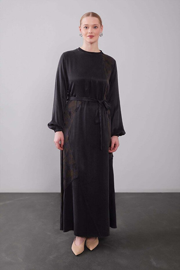 Oil Green Belt Detailed Edge Pattern Cupra Dress