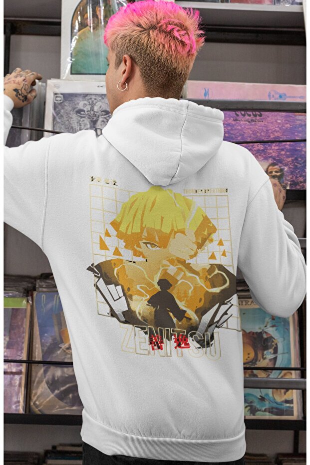 Zenitsu Agatsuma Kimetsu No Yaiba Anime Back Printed Unisex Oversize Combed Cotton Hoodie