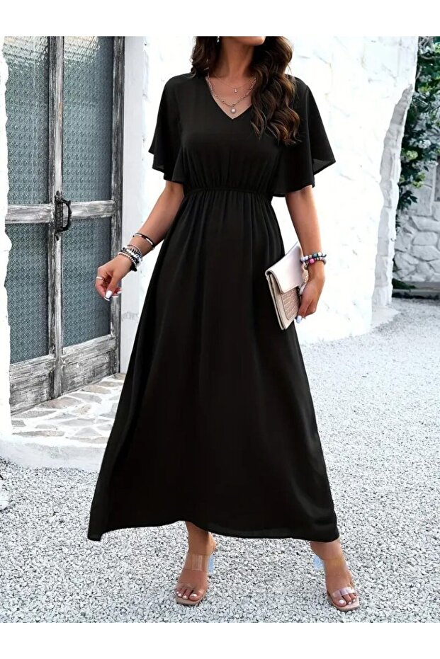 Women's Short Sleeve V-Neck Long Viscose Dress with Elastic Waist