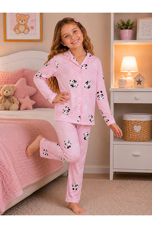 Girl's Cotton Buttoned Long Sleeve Pajama Set