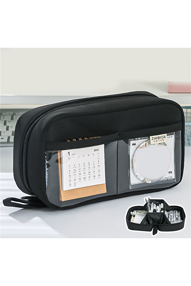 Black B Pen Storage Bag Pencil Case 2 Layer Large Capacity Cosmetic High Quality Study Supplies Simp