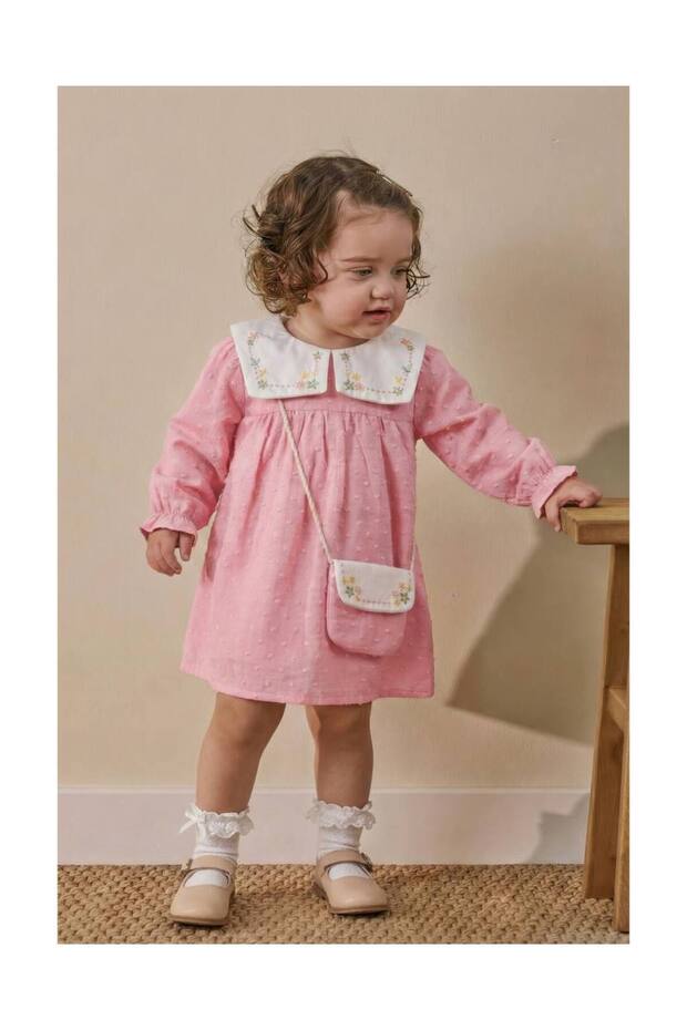 Baby Girl Embroidered Peter Pan Collar Muslin 100% Cotton Bag Dress