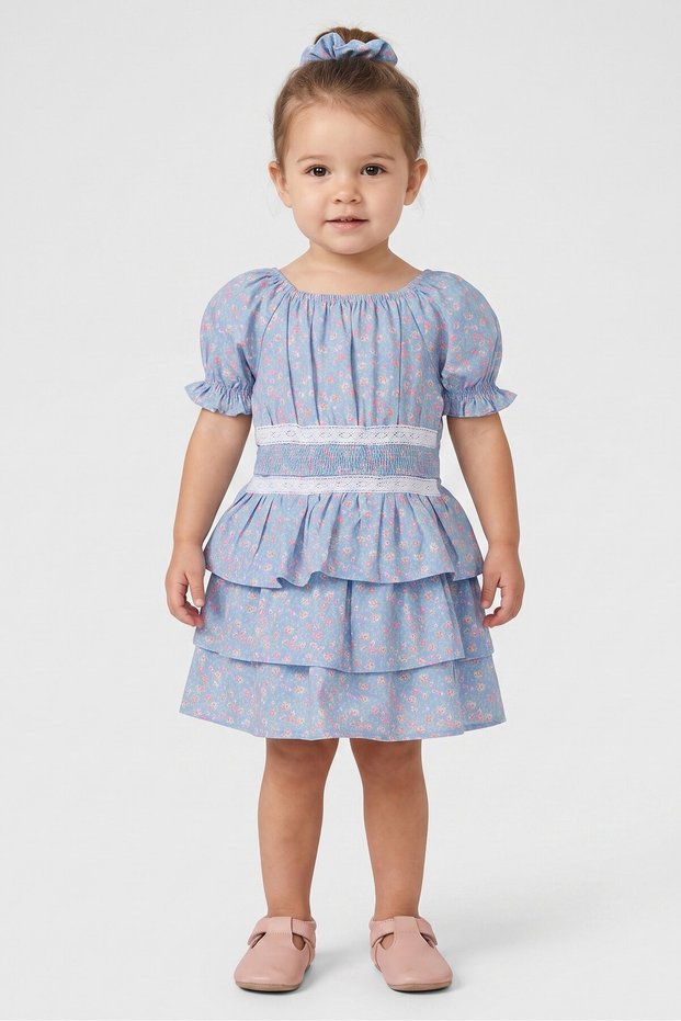 Toddlers Girl 2 Pieces Floral Print Short Sleeve Dress With Scrunchie, Multicolor