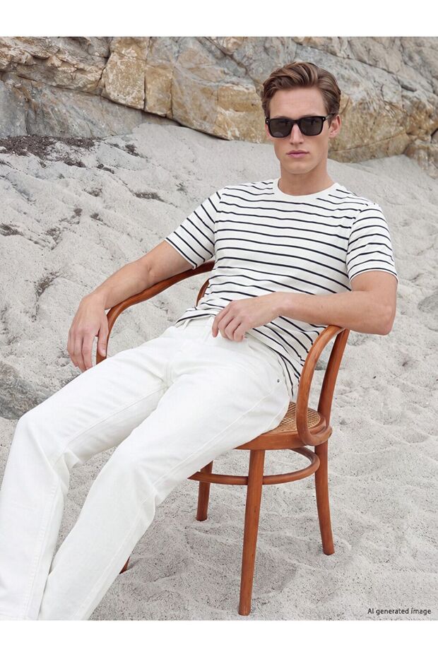 Southblue White Crew Neck Striped Combed Cotton Men's T-Shirt