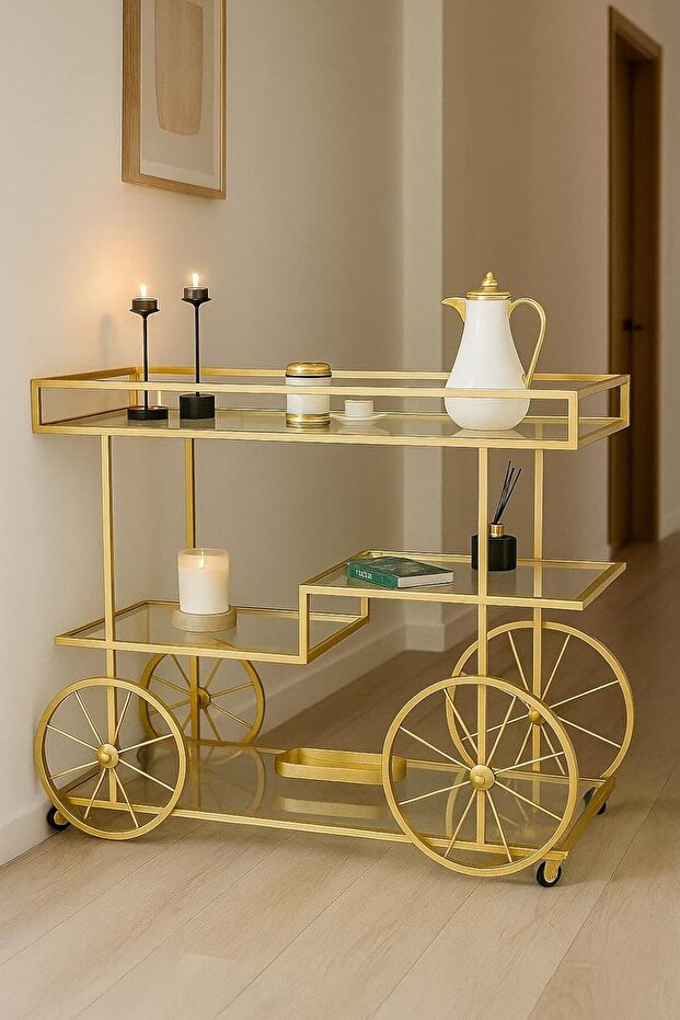 Bar Cart Metal Bar Cart with Glass Shelves – 3-Tier Rolling Beverage Cart with Decorative Wheels