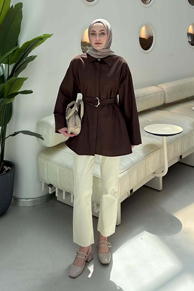 Buckle Detailed Long Belted Shirt Brown