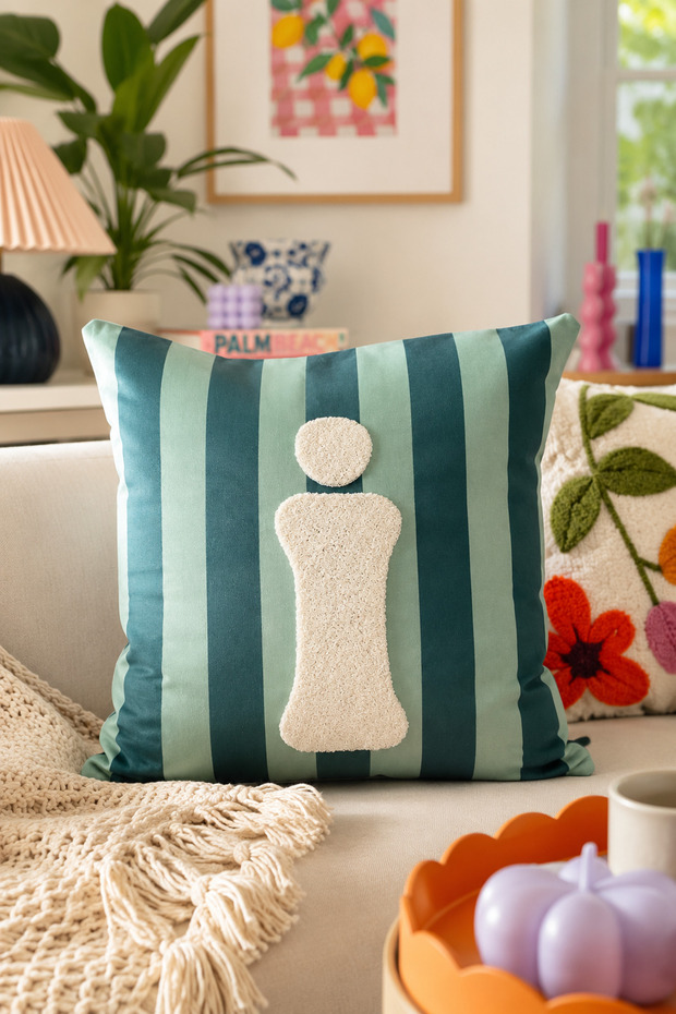 Punch Embroidered Throw Pillow Cover - 43*43 cm - Green Letter I - Pnk001