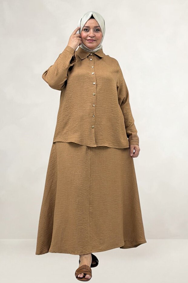 67061 Plus Size Skirt - Shirt Melange Set - Tan