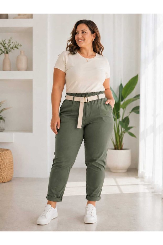 Women's Elastic Waist Belt Detailed Lycra Comfortable Fit Italian Trousers