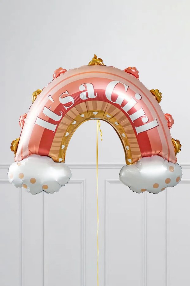 Pink rainbow foil balloon with "it's a girl" text - baby shower gender reveal party balloon