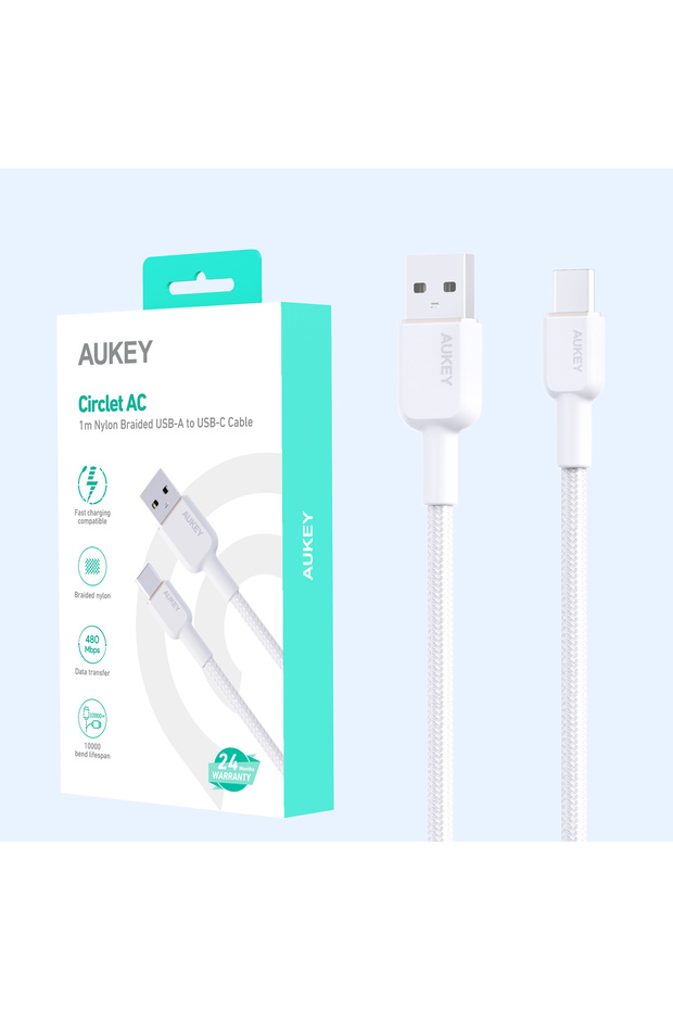 كابل نايلون مضفر للشحن والمزامنة من USB-A إلى USB-C بطول 1.0 متر باللون الأبيض
