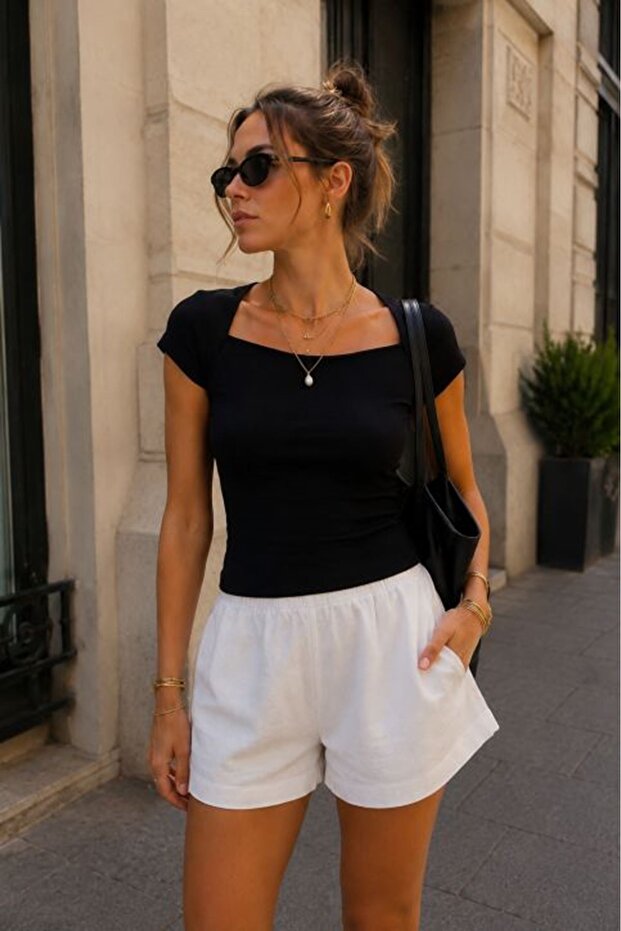 Women's Black Ribbed Square Neck Short Sleeve Robe Tight Fit Casual Blouse