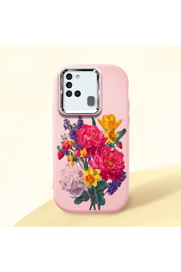 Samsung Galaxy A21S Compatible Case Camera Protective Pink Silicone Couple Phone Case with Floral Pattern