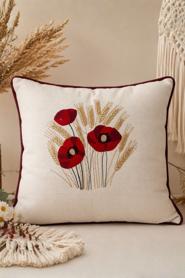 Poppy and Spike Embroidered Linen Cushion Cover 42X42 cm | Decorative Embroidered Pillowcase