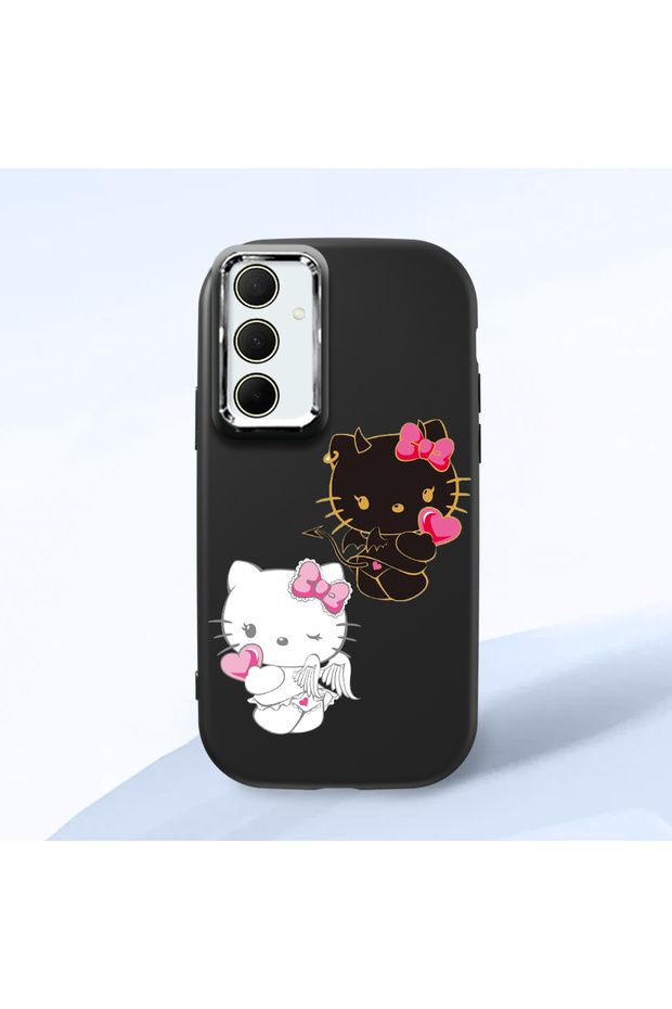 Samsung Galaxy A35 Compatible Case Camera Protector Black Silicone Couple Phone Case Kitty Pattern