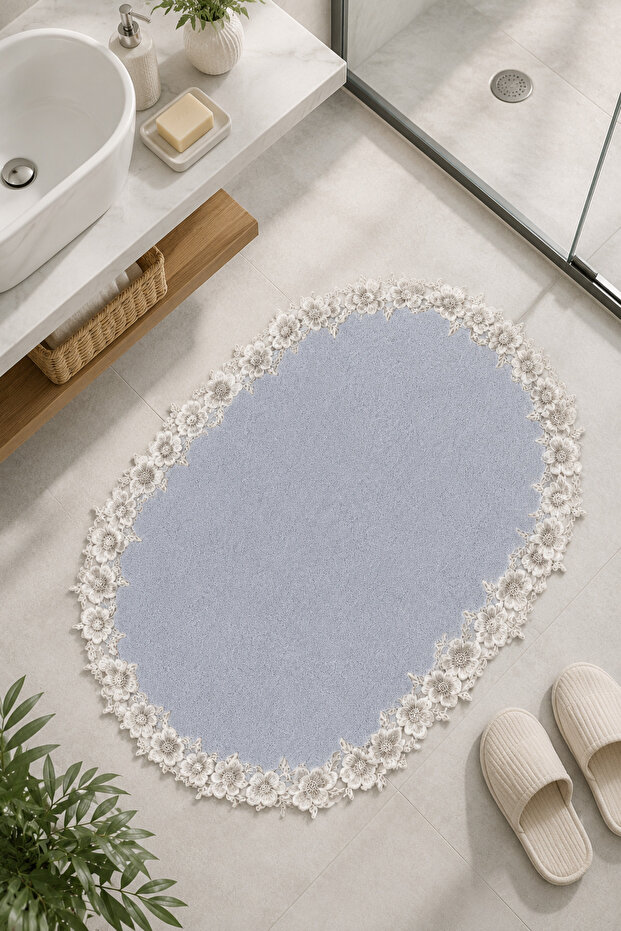 Gray Lace Non-Slip Leather Based Oval Bath Mat Washable Bathroom Set Botis