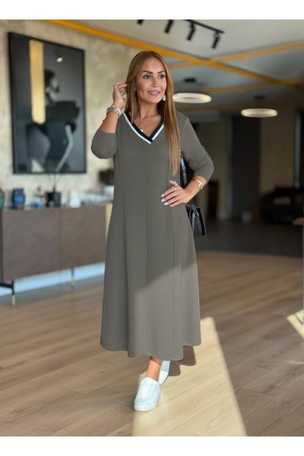 Women's Long Sleeve V-Neck Midi Length Green Modal Dress