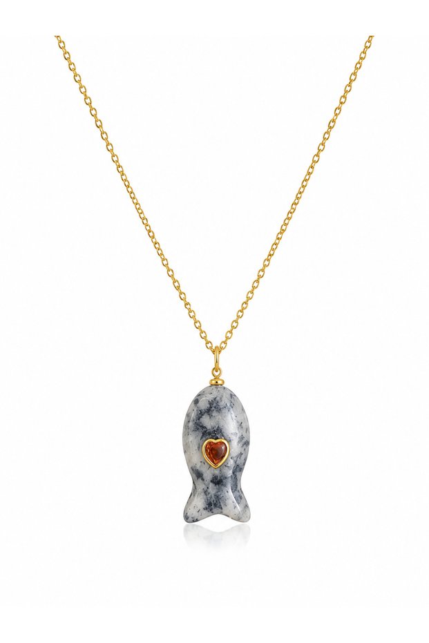 Gold Color Natural Stone Fish Figured Women's Necklace with Heart Detail
