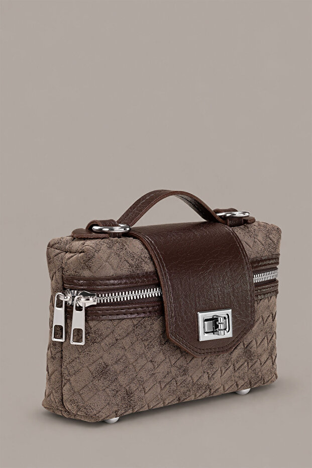 Brown Knitted Textured Women's Hand and Shoulder Bag - Lockable, Zippered, Adjustable Long Strap