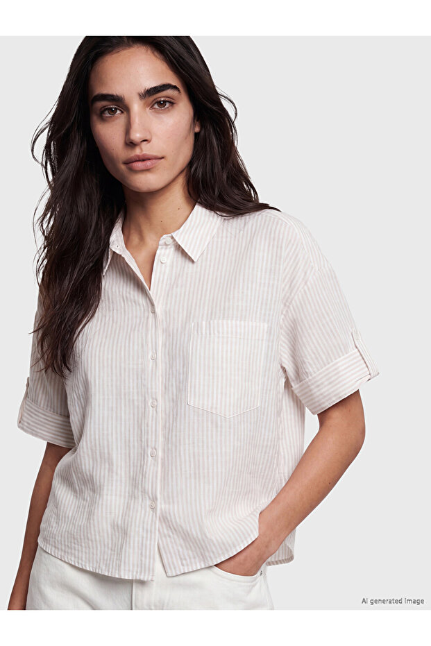 Vizyon New Season Beige Striped Oversize Women's Shirt