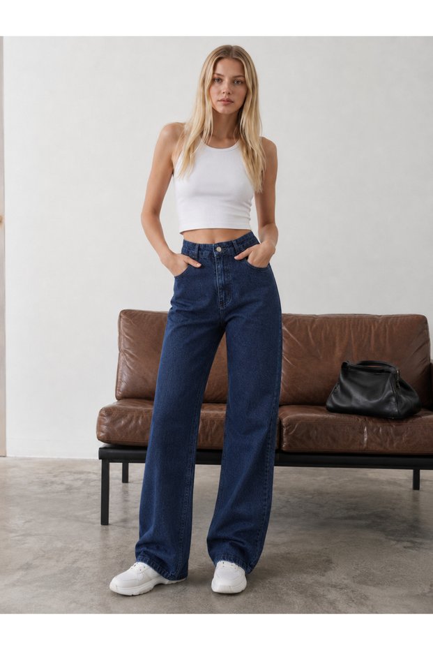 Jeans Pants with Tube Waist, Navy Blue, Leather Pocket, Embroidered Details