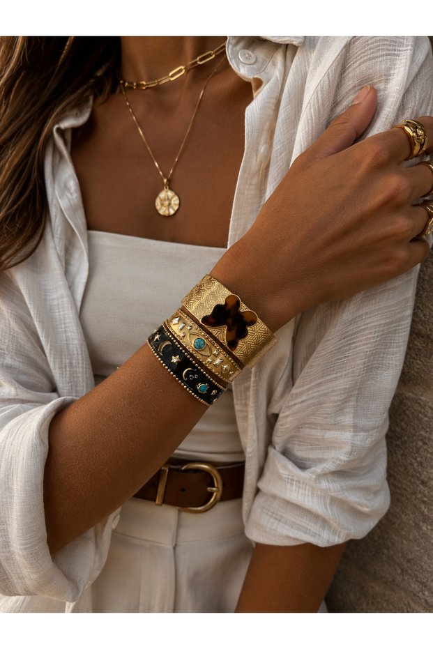 Premium Bohemian Gold 3-Piece Handcuff Bracelet Set | Women's Bracelet with Turquoise Stone and Enamel Detail