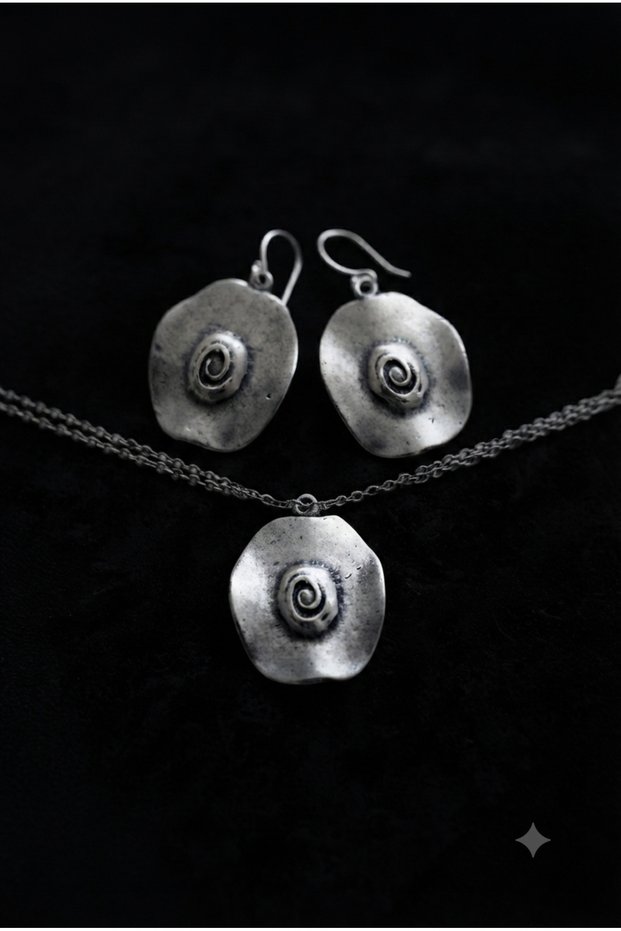 Cast Metal Earrings and Necklace Set with Curved Edges
