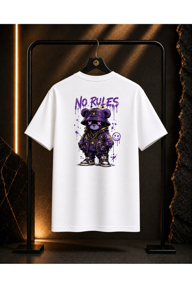 Unisex No Rules Bear Back and Front Printed 100% Cotton Oversize Crew Neck Short Sleeve T-Shirt White