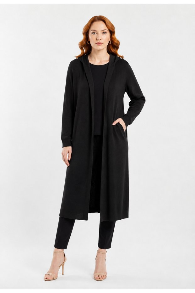 Women's Hooded Long Black Knitwear Cardigan