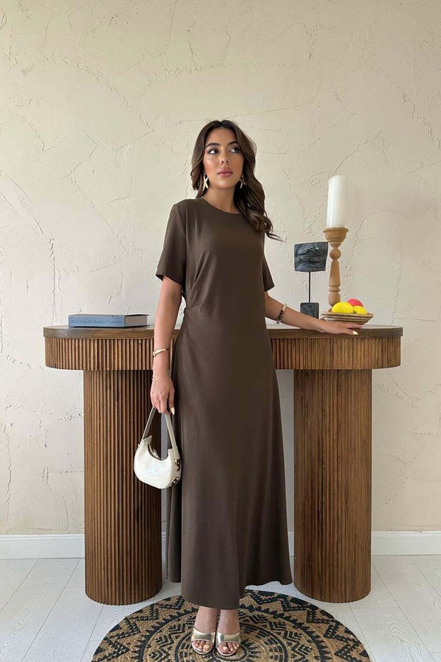 Women's Brown Crew Neck Short Sleeve Pleated Long A-Line Cotton Dress