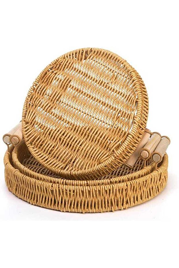 Round wicker trays with handles, decorative woven wicker baskets, perfect for decorating coffee tables (3-piece set)