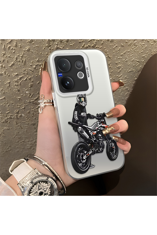Vivo V60 Compatible Motorcycle Rider Drawing with Helmet Printed Men's Style Phone Protective Case