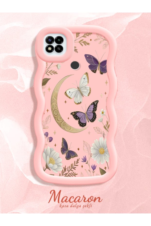 Poco C31 Compatible Wavy Frame Moon Butterfly and Flower Patterned Silicone Phone Case