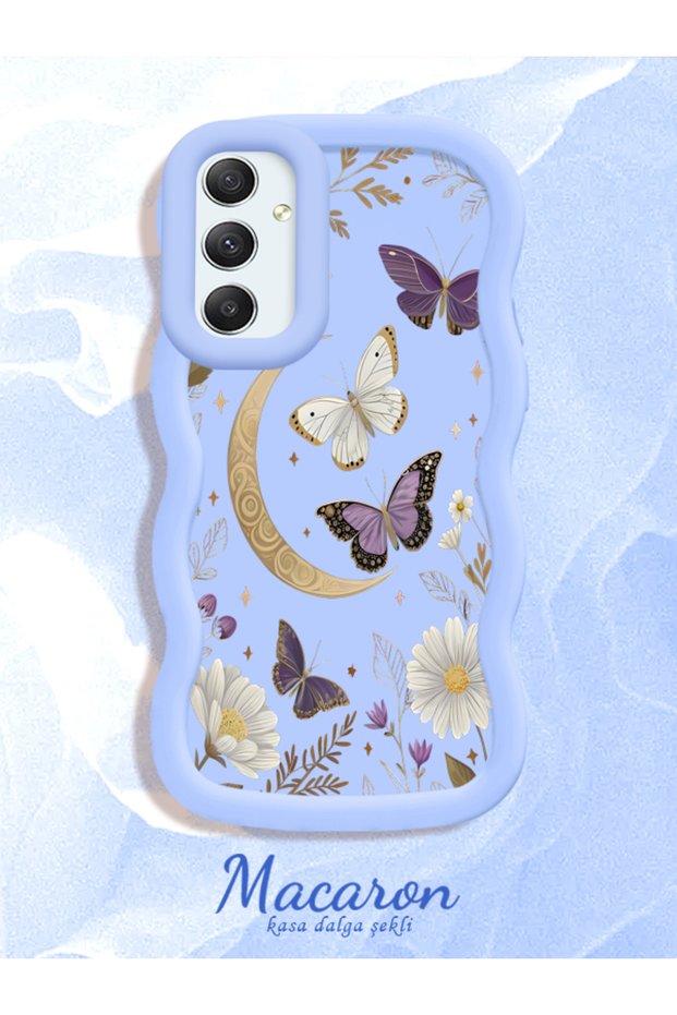 Samsung Galaxy A34 Compatible Wavy Frame Moon Butterfly and Flower Pattern Silicone Phone Case