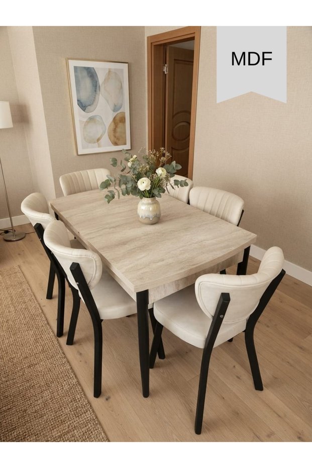 6 Kişilik Yemek Masa Takımı 80x130 Açılır MDF Traverten Masa ve 6 Adet Elma Sandalye