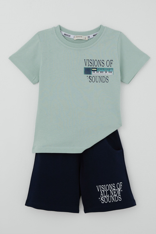 Boy's Shorts Set with Retro Music Back Print, Ages 3-8, Water Green