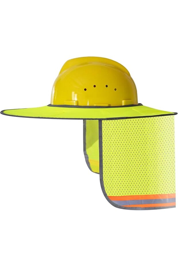 Safety Helmet Visor, High-Visibility Full-Brim Visor with Neck Shield & Reflective Mesh Cover for Outdoor Construction Safety, Yellow, No Accessories