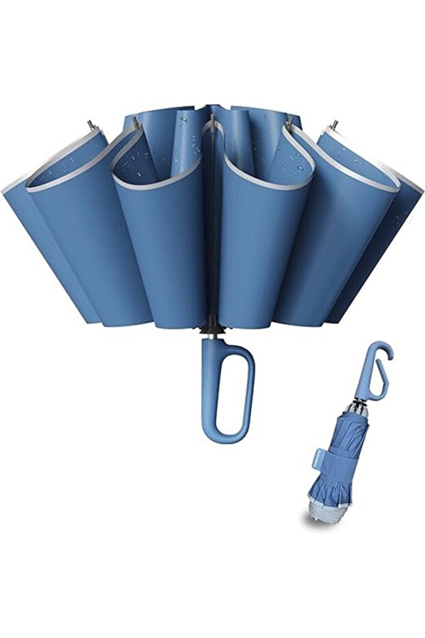 Portable Reverse Folding Umbrella - Automatic Open and Close - Windproof 10-Rib Travel Umbrella - Includes Carabiner - Suitable for Men and Women