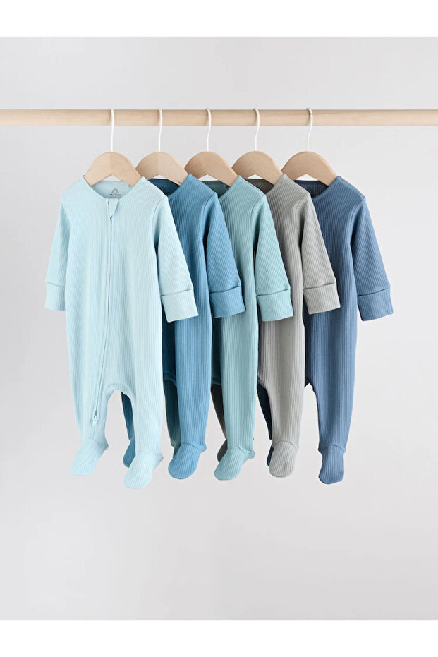 Baby 5-Piece Blue and Gray Toned Ribbed Zippered Booties Sleeping Bag Set